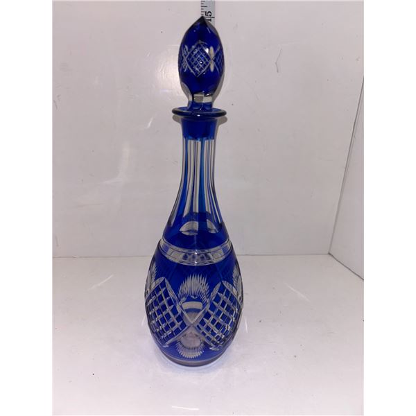 Tall Blue Crystal Etched Decanter