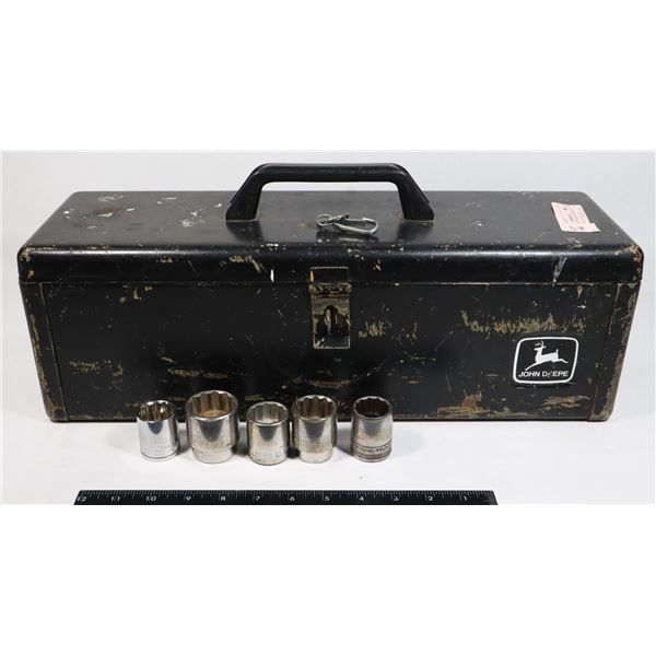 BLACK JOHN DEERE TOOL BOX WITH ASSORTED SOCKETS