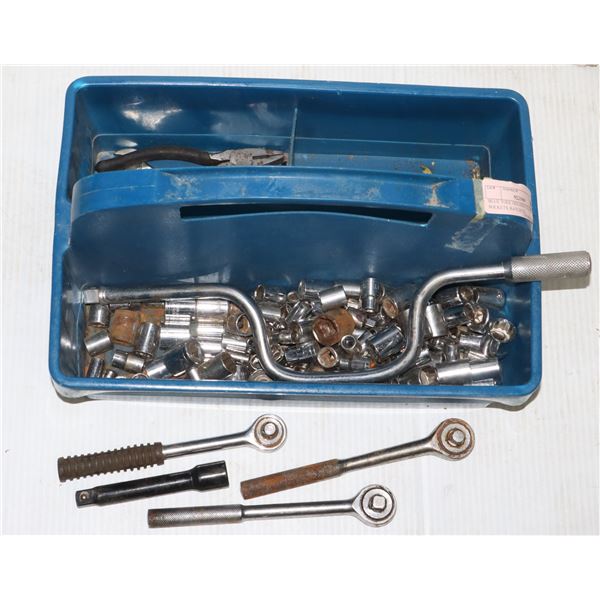 BLUE TOOL HOLDER FULL OF SOCKETS, RATCHETS,