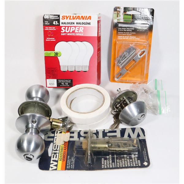 BOX OF HOME REPAIR ITEMS, SOME LIGHT BULBS,