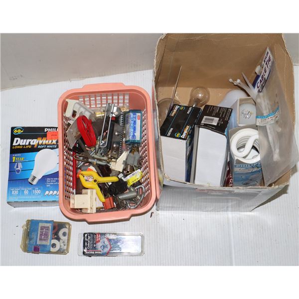 BOX OF SMALL HOME ITEMS, LIGHT BULBS, ELECTRIC