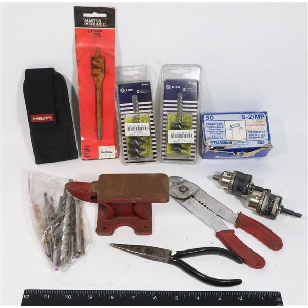 FLAT OF ASSORTED TOOLS, MINI ANVIL, WIRE STRIPPER,