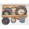 Image 1 : WOOD TRAY FULL OF ASSORTED BENCH GRINDER WHEELS