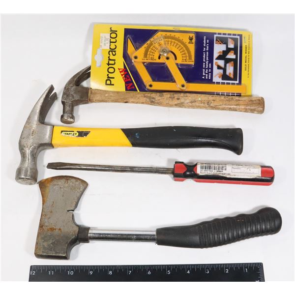 BUNDLE OF TOOLS INCLUDING HATCHET, HAMMERS,