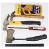 BUNDLE OF TOOLS INCLUDING HATCHET, HAMMERS,