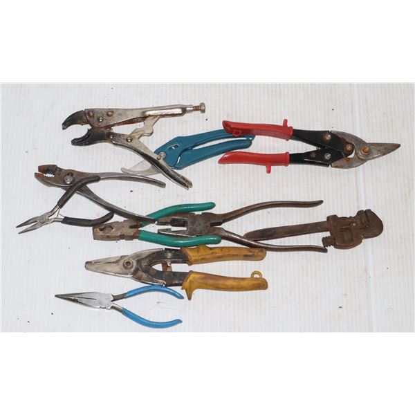 CONTAINER OF TIN SNIPS, PLIERS, AND MORE