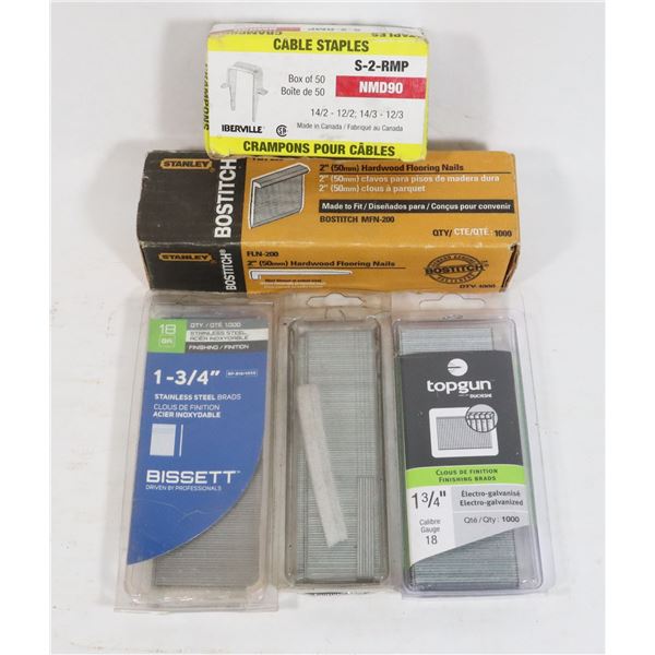 BAG OF ASSORTED BRADS, NAILS, STAPLES