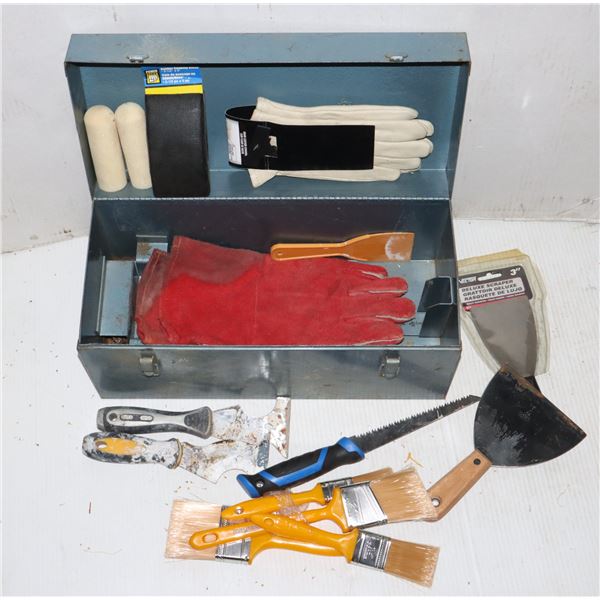 16.5" BLUE METAL TOOL BOX FULL OF PAINTING, DRYWALL