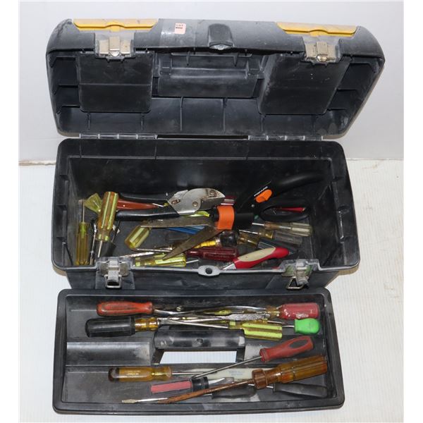 19" TOOL BOX WITH CONTENTS. SCREWDRIVERS, AND MORE