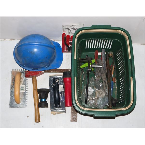 GARDEN BASKET FULL OF ASSORTED TOOLS AND HARDWARE
