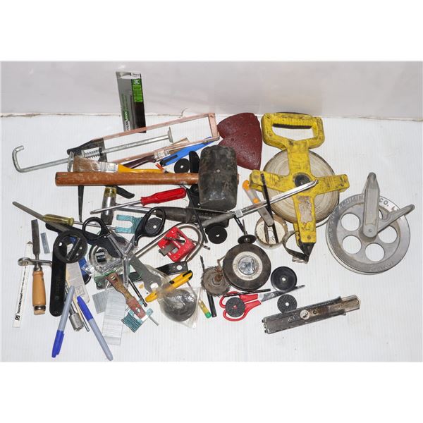 LARGE BOX OF MISC TOOLS INCLUDING SILICONE GUN,