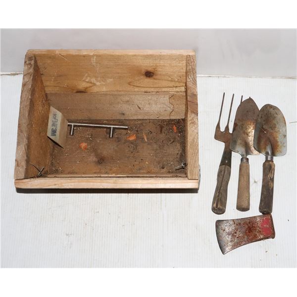 WOOD PLANTER BOX WITH SOME GARDENING TOOLS