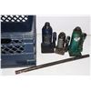 Image 1 : MILK CRATE WITH 3 ASSORTED BOTTLE JACKS