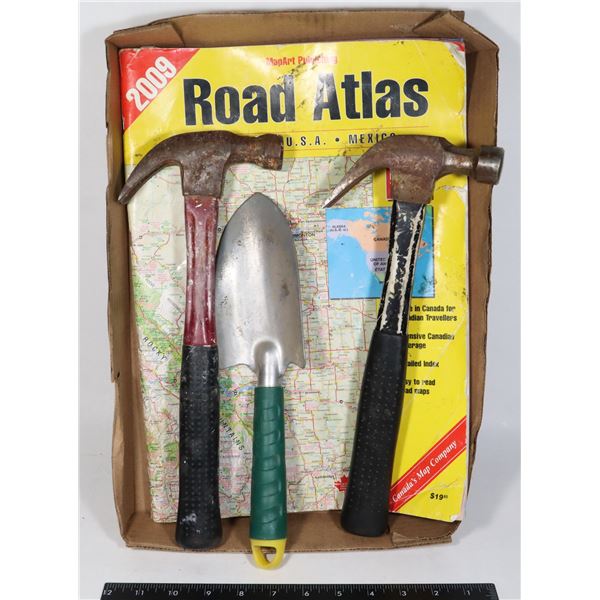 FLAT WITH TWO HAMMERS, GARDEN TROWEL, AND