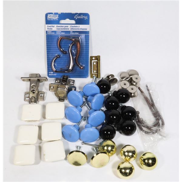 LOT OF CABINET KNOBS, DOOR HOOKS, CABINET HINGES