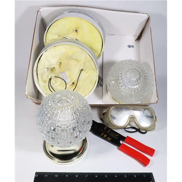 BOX OF LIGHT FIXTURES SOLD WITH WIRE CRIMPERS