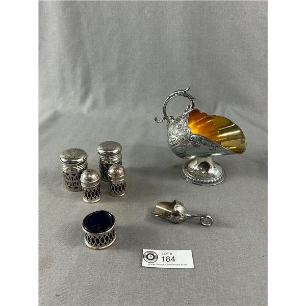 Vintage Silverplate Sugar Scuttle w/Scoop, Salt and Peppers w/Cobalt Liners