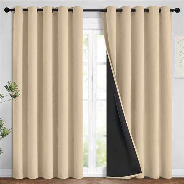 Yakamok Beige 100% Blackout Curtains, Thermal Insulated Total Blackout Drapes for Bedroom, Heat Bloc