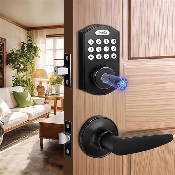Tinewa Keyless Entry Door Lock with Handle, Fingerprint Door Lock,Electronic Keypad Deadbolt, Auto L