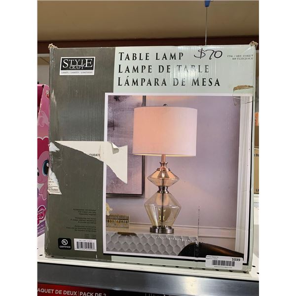 Style Craft Table Lamp Brushed Steel Finish Champagne Glass Lamp Body Hardback Fabric Shade