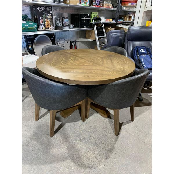 Solid Wood Round Dining Table 54" With 4 Faux Leather Grey Chairs