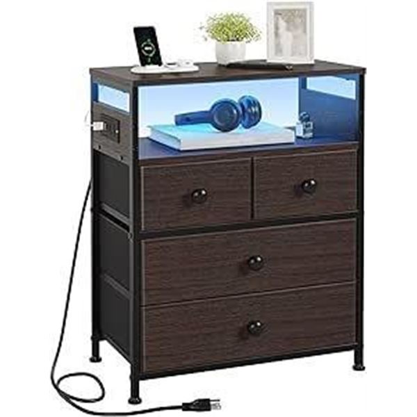 REAHOME Nightstand with Charging Station, Bedside Table with 4 Drawers and 2-Tier Shelf, Modern End 