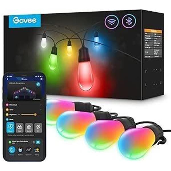 Govee Smart Outdoor String Lights H7021, RGBIC Warm White 96ft (2 Ropes of 48ft) LED Bulbs, WiFi Pat