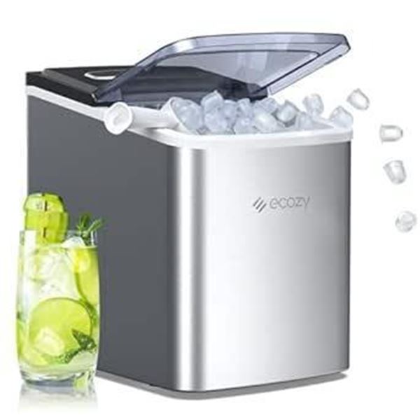 ecozy Portable Ice Maker Countertop, 9 Cubes Ready in 6 Mins, 26.5 lbs in 24 Hours, Self-Cleaning Ic