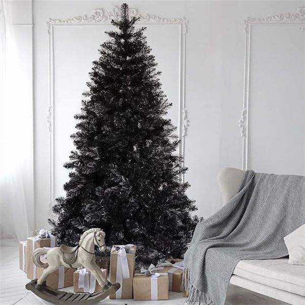 KI Store Black Christmas Tree 6.5ft Artificial Hinged Christmas Tree Unlit for Xmas Halloween Holida
