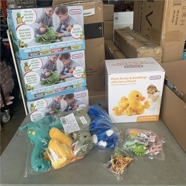 ASSORTED NEW PREXTEX KIDS PLUSH AND DINO TOYS, INCLUDING GIANT PLUSH TURTLE WITH 3 SMALL TURTLES, PL