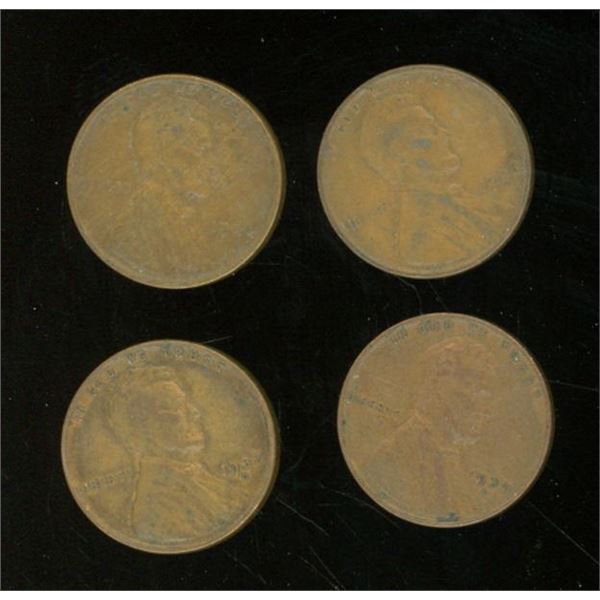 4 USA Pennies 1936, 1937, 1938, 1939