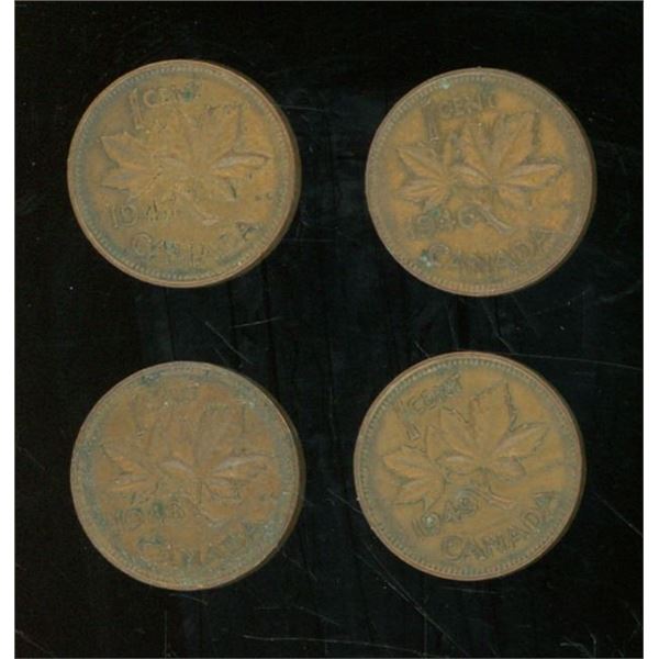 4 Canadian Pennies 1946, 1947, 1948, 1949