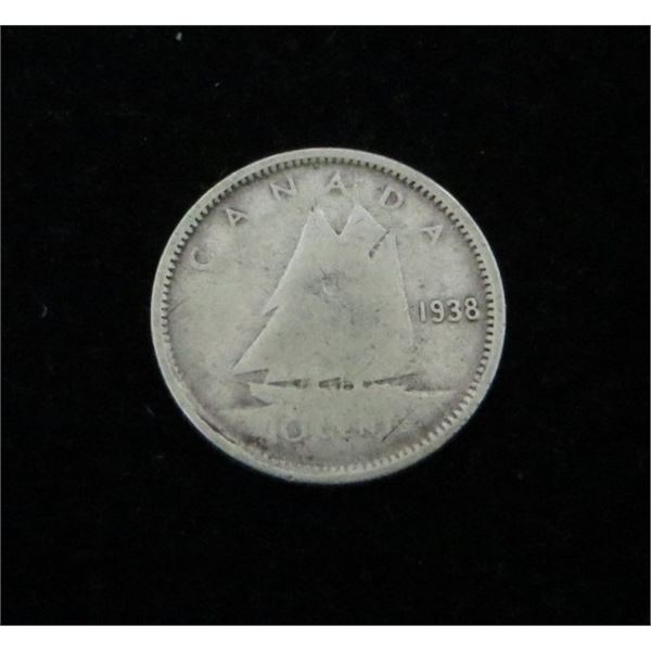 1938 Canadian Silver 10 Cent Coin