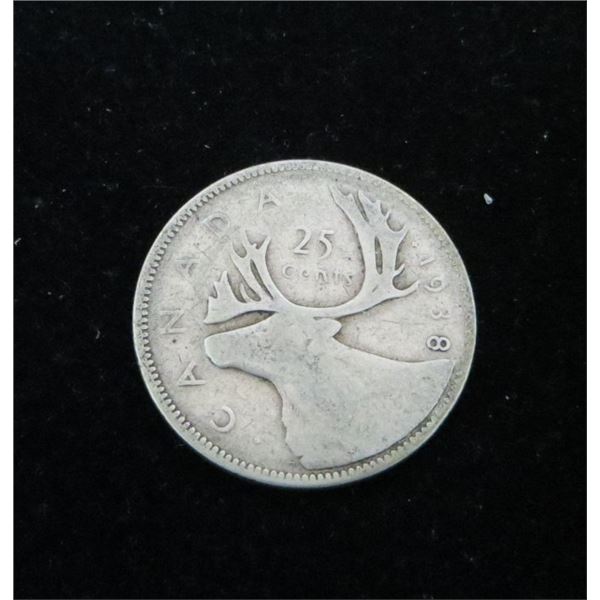 1938 Canadian Silver 25 Cent Coin
