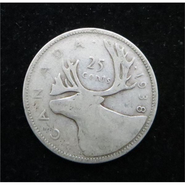 1938 Canadian Silver 25 Cent Coin