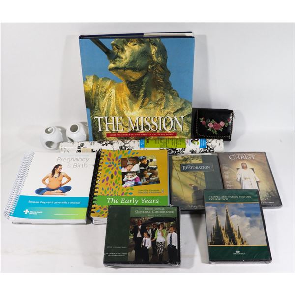 BOX OF MORMON DVDS AND LARGE BOOK WITH