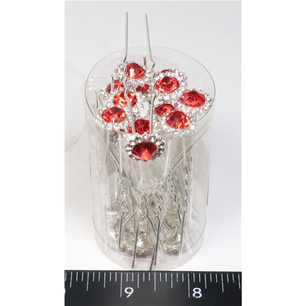 NEW RED AND CLEAR RHINESTONE HAIR PINS WEDDING