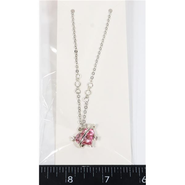NEW SILVER TONE PINK RHINESTONE ORBIT HEART