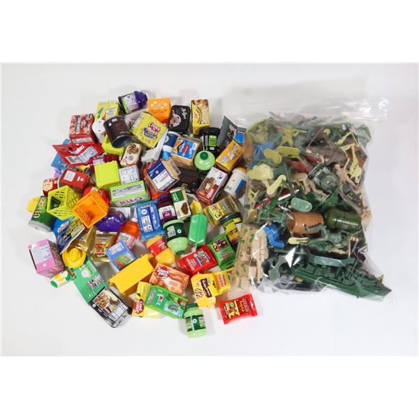 65+ SHOPKINS TOYS AND BAG OF ARMY MEN AND CARS ETC