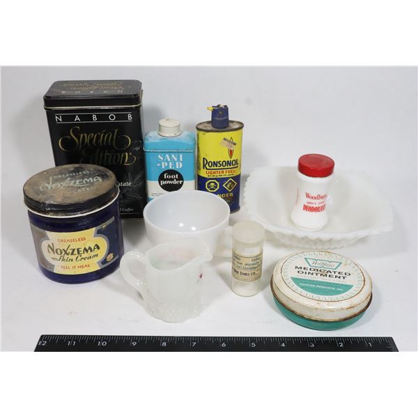 LOT OF VINTAGE TINS AND PIECES OF MILK GLASS