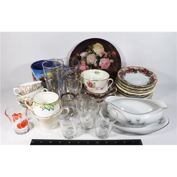 BOX WITH VINTAGE GLASSES PLATES TEA CUPS SAUCERS D