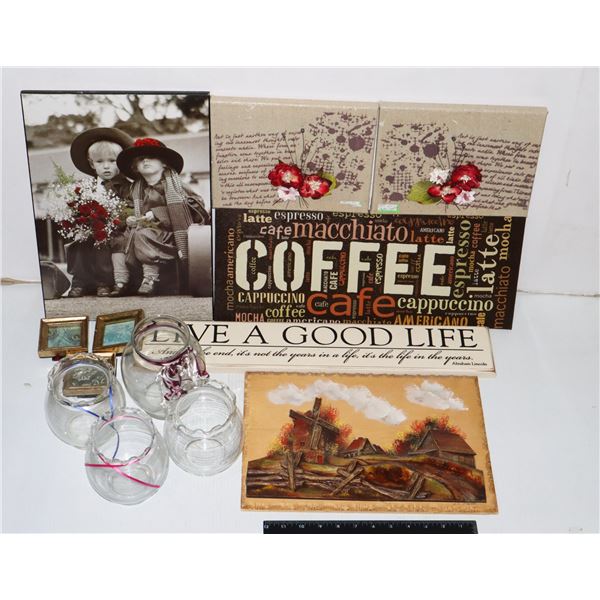 LOT OF DECOR PICTURES/FRAMES INCLUDING COFFEE AND