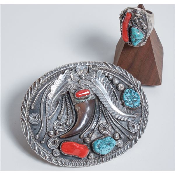 Matching Men's Navajo Silver, Turquoise, Coral, Belt Buckle and Ring [186474]