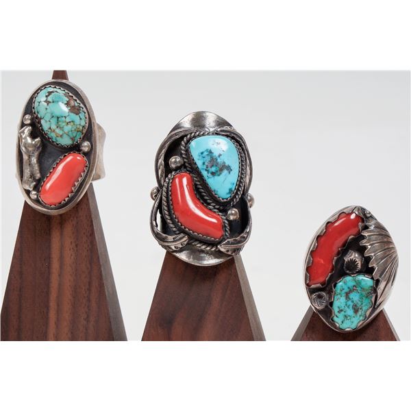 Men's Turquoise & Coral Silver Rings (3) [186428]