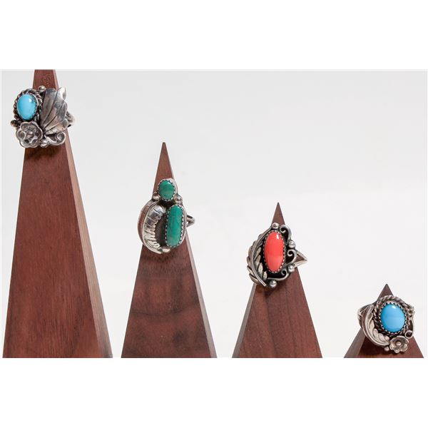 Navajo Single Stone Turquoise Rings (2) Double Stone Ring (1) Coral Single Stone Ring (1) [186239]