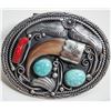 Image 1 : Navajo Turquoise, coral, claw Silver Buckle, signed [186286]