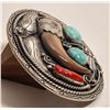 Image 2 : Navajo Turquoise, coral, claw Silver Buckle, signed [186286]