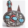 Image 1 : Turquoise and Red Coral Matching Men's Belt Buckle and Ring [186518]