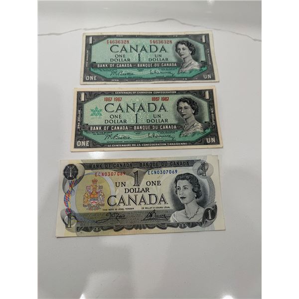 1973, 1967, 1954 Canada $1 bills