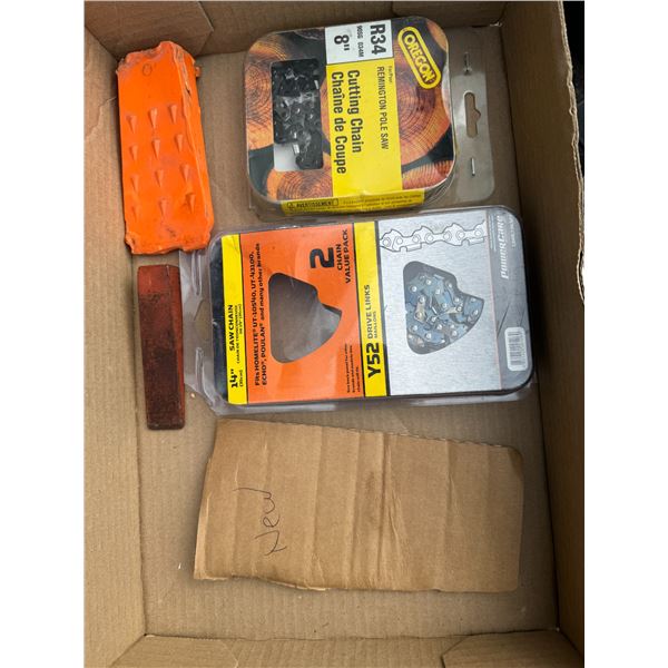 Chainsaw, chains, and other items